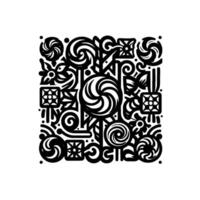Intricate black and white square pattern featuring stylized organic elements, spirals, and geometric motifs on a white background. vector
