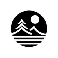 Minimalist Black and White Circular Featuring a Pine Tree, Mountains, and Sun, Above Striped Water or Horizon. vector