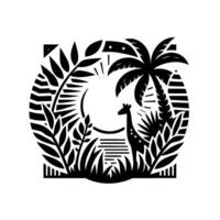 A monochrome illustration of a giraffe in a jungle setting, surrounded by palm trees, grass, and foliage, creating a circular composition. vector