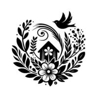 A black and white, circular floral illustration featuring a stylized birdhouse with a flower, a flying bird, and surrounding leaves and flowers. vector