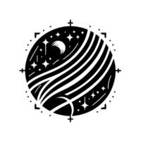 A celestial emblem featuring a stylized black circle adorned with white stars, crescent moons, flowing lines, and cross symbols, evoking a sense of cosmic mystery. vector