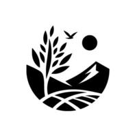 A minimalist black and white circular depicting a serene natural scene tree, bird, sun, mountain, and stylized farmland. vector