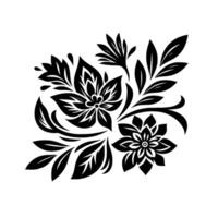 A striking floral arrangement in bold black and white, featuring stylized flowers, intricate leaf patterns, and a minimalist aesthetic, against a clean white background. vector