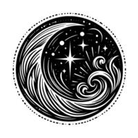 Celestial Embrace A Black and White Circle Depicting a Crescent Moon, Stars, and Swirling Energy Within a Dotted Border. vector