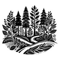 A stylized black and white forest scene, with detailed foliage and winding paths, arranged in a circular composition, evoking a sense of tranquility. vector