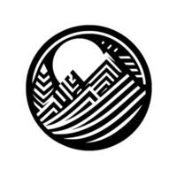 Abstract black and white circular depicting a mountain range and a sun or moon, with a minimalist and geometric aesthetic. vector