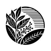 Bold Black and White Botanical Illustration Leaves and Berries Arranged in a Circular Composition, with Geometric Details. vector