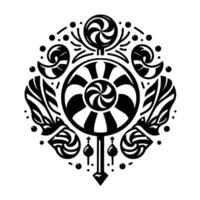 Intricate black and white lollipop with decorative swirls, dots, and stylized elements, arranged symmetrically in a circle, creating a whimsical ornamental pattern. vector