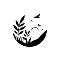 A minimalist black and white illustration showcasing a natural landscape enclosed within a circle, featuring silhouettes of plants, birds in flight, and a crescent, evoking a serene and calm atmospher vector