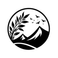 Black and White Circular Illustration Mountains, Leafy Branch, and Flying Birds in a Minimalist . vector