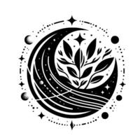 Mystical Crescent Moon with Botanical Center, Celestial Elements, and Starry Border in Bold Monochrome. vector
