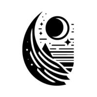 Minimalist Black and White Geometric A Crescent Moon Over a Mountain, Stars, and Abstract Shapes, Composed within a Curvilinear Frame vector