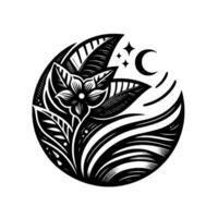 Intricate floral and celestial within a circle, black and white, stylized flower with leaves, crescent moon, and stars. vector