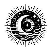 Celestial Harmony A bold, depiction of night day, with sun, moon, stars, clouds, and ocean elements within a stylized sunburst. vector