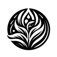 An elegant, symmetrical, black and white floral emblem, with stylized leaves, tear drops, and curved elements arranged inside a circle. vector