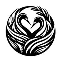 A stylized, monochromatic illustration of two swans forming a heart shape within a circular , evoking themes of love and unity. vector
