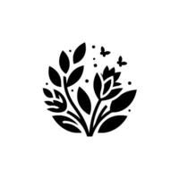 A minimalist black and white featuring stylized floral elements with leaves, blossoms, dots and delicate butterflies in a circular arrangement. vector