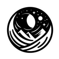 Serene Nightscape Minimalist Black White of Mountains, Crescent Moon, Stars, and a Circular Frame on White. vector