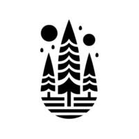 Minimalist Black and White Forest Silhouette in an Abstract Drop Shape with Symbolic Trees, Orbs, and Drips. vector