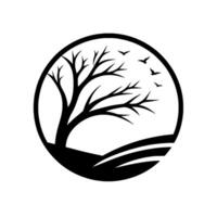 Monochrome Circular Illustration of a Bare Tree, Rolling Hills, and Flying Birds, Evoking a Sense of Nature and Tranquility. vector