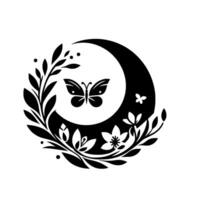 A stylized black and white illustration of a butterfly within a crescent moon, surrounded by foliage and flowers, evoking natures balance. vector