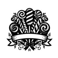Black and White Candy Emblem featuring a Collection of Lollipops, Swirls, and Candies, Adorned with a Ribbon and Bow, in a Festive, Decorative . vector
