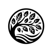 Symbolic Black and White Silhouette of a Tree Inside a Circle, Featuring Leaves and Abstract Water Lines. vector