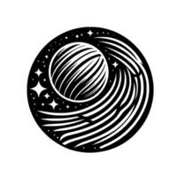 Black and white illustration of a celestial body with swirling lines and radiating stars within a circular border, creating a cosmic . vector