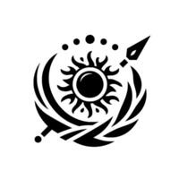 A stylized, symmetrical emblem featuring a sunburst at the center, pierced by a spear, encompassed by a crescent and surrounding elements. vector