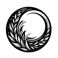 Black and white floral wreath within a circle, featuring leaves, dots, and a minimalist, ornamental , perfect for branding. vector