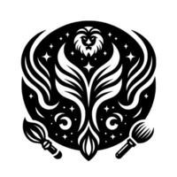 Majestic Lion Emblem A stylized celestial featuring a lion head, wings, stars, and brushes, rendered in bold black and white, symbolizing power and artistry. vector