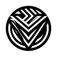 A symmetrical, geometric black and white of a stylized, intricate within a circular border. vector
