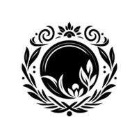 Elegant Black and White Floral Crest A Circular Emblem with Leafy Branches, Delicate Petals, and Ornate Swirls on a Clean White Background. vector