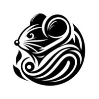 Stylized Black and White Mouse with Swirls and Curved Lines, Modern on White Background. vector