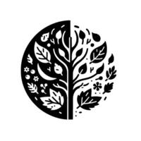 YinYang Symbolic Illustration Divided Circular Composition Featuring a Tree, Foliage, and Floral Elements Representing Contrasting Black and White Sections. vector