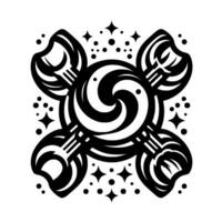 A stylized black and white illustration of a symmetrical lollipop with swirl center, four petallike components, and star and dot embellishments against a white background. vector