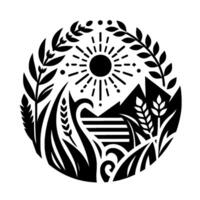 Stylized, circular, black and white illustration featuring wheat, mountains, and a sunburst, evoking a serene and natural landscape within a decorative frame. vector