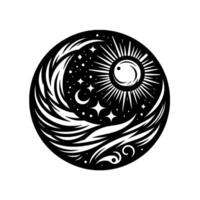 YinYang Circle Composition with Sun, Moon, Stars, and Celestial Waves in a Minimalist Black and White Style. vector
