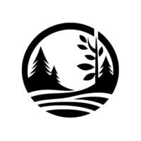 Black and White Circular Illustration of a Serene Landscape with Trees, Crescent Moon, and Rolling Hills. vector