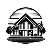 of a modern house, featuring a stylized architectural , a natural setting, and a circular sunset backdrop in black and white. vector