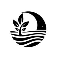A minimalist black and white depicting a young plant emerging from stylized waves, under a crescent moon and starry night. vector