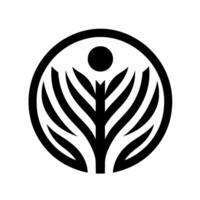Black and White Symbolic of a stylized tree within a circle, representing growth and connection, with a solid dot at the top. vector