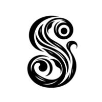 An Elegant Monochromatic FloralInspired S Letter , Showcasing Fluid Lines and Spiraling Forms on a Clean White Backdrop. vector
