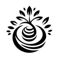 A stylized black and white illustration of a sprouting plant within a circular, layered , with surrounding leaves, evoking growth and harmony. vector