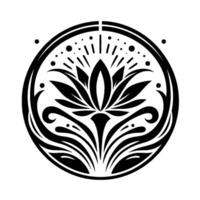 Circular black and white minimalist floral emblem featuring a symmetrical lotus flower within a stylized circular frame, evoking elegance. vector