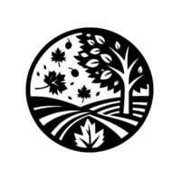 A stylized black and white circular emblem depicting an autumn scene a tree, falling leaves, and rolling hills under a clear sky, encapsulated within a minimalist . vector
