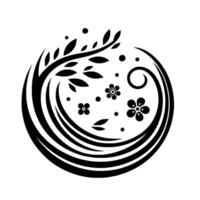 A minimalist black and white floral , depicting a stylized tree encompassed within a circular swirl, interspersed with leaves and floral details. vector