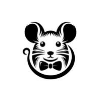 black and white mouse with large ears, a smiling face, bow tie, and curly tail, ideal for a kids brand or mascot. vector