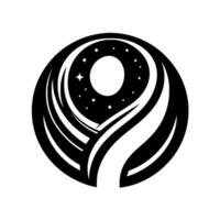 Abstract black and white cosmic emblem within a circular frame, featuring a starry night sky, moon, and flowing lines suggesting a stylized galaxy. vector