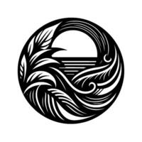 Monochromatic circular emblem with stylized flora, water, and a sunrise, showcasing a serene nature scene within a decorative, cutout aesthetic. vector